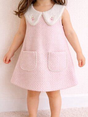 Toddler Girl Pink Tweed Dress w/ Peter Pan Collar & Bunny Embroidery | 2T